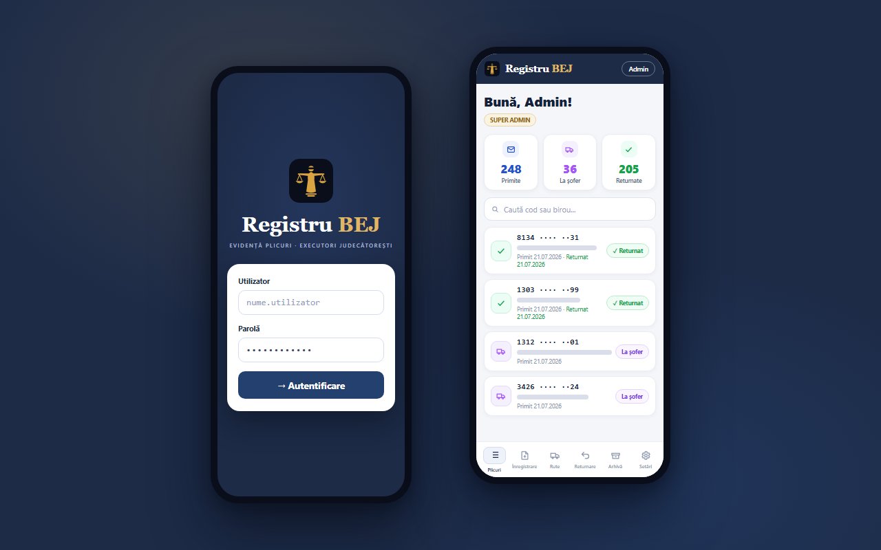 Registru BEJ: ecranul de autentificare și lista de plicuri, pe telefon